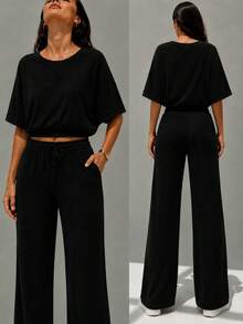 Two-Piece Loose-Fitting Straight-Leg Casual Simple Textured Fabric Faux Lace-Up Two-Piece Set Women's Casual Outfit For Home, Everyday Wear, Street Style, Airport Wear, Ideal For Year-Round Wear - 黑色 - 查看 1
