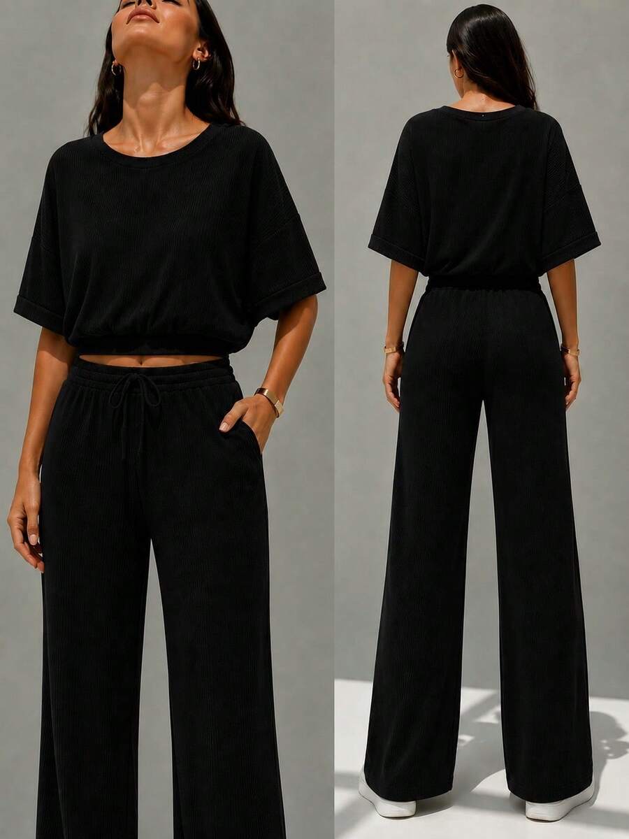 Two-Piece Loose-Fitting Straight-Leg Casual Simple Textured Fabric Faux Lace-Up Two-Piece Set Women's Casual Outfit For Home, Everyday Wear, Street Style, Airport Wear, Ideal For Year-Round Wear - 黑色 - 查看 1