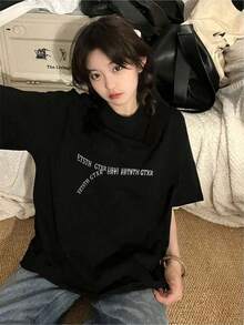 Women's Cotton Crew Neck T-Shirt With Print, Modern Unisex Black T-Shirt With Creative Print, Casual And Comfortable Urban Style, Ideal For Young People And Fashion Lovers, Sizes Available M And L, Basic Autumn-Winter Clothing. - 黑色 - 查看 6