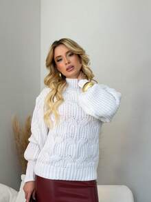 Women's Winter Woolen Turtleneck Sweater With Braided Knit Detail - White - View 3