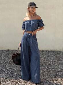 Conjunto de dos piezas de mujer en denim, blusa de hombros descubiertos - Azul marino - Ver 3
