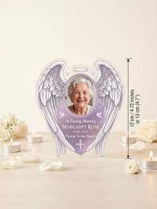 1pc Customized Photo & Text Angel Wings Acrylic Plaque, Personalized Name & Date Memorial Decor, Commemorative Gift, Condolence Remembrance, Forever In Our Hearts Memorial Decor, Mourning Family, Loved Ones, Family Memorial Display, Funeral Memorabilia, Memorial Altar Decoration - Multicolor - View 3