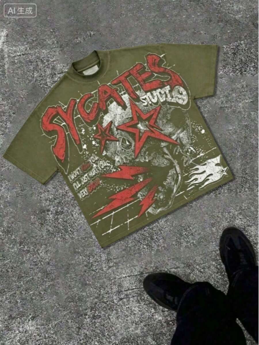 Break The SystemMen's Washed Vintage Crewneck T-Shirt, 100% Cotton 180GSM, Godspeed Highway Car Print, Retro Faded Style, American Streetwear, - 軍綠色2 - 查看 1