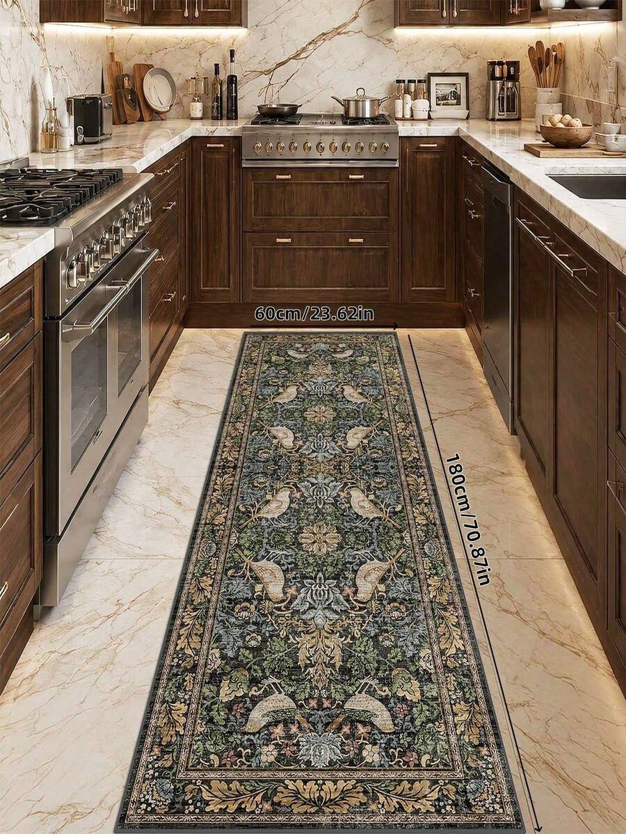 1 pieza Tapete de pasillo con diseño vintage de pájaros para interiores, alfombra de pasillo para cocina antideslizante y lavable a máquina, alfombra de entrada ultra suave de estilo bohemio para pasillo, cocina y entrada - Verde Oscuro - Ver 1
