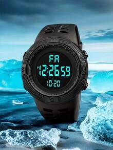 ساعة رياضية للجنسين باللون الأسود بتصميم كلاسيكي وقرص كبير مقاومة للماء والصدمات 1 قطعة - الأسود - مشاهدة 1