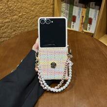 Colorful Woven Pattern Phone Case With Flower Pearl Chain, Compatible With Samsung Galaxy ZFlip7 Flip8 Z Flip6 ZFlip 5 Zflip6 Zflip5, Shockproof Back Cover - Pastel - View 11