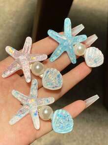 3件裝時尚海洋海星貝殼仿珍珠髮夾，可愛瀏海鱷魚夾髮飾，海洋系列女性髮夾，藍色海星貝殼仿珍珠髮夾適合甜美海邊度假，髮卡，髮爪 - 彩色 - 查看 2