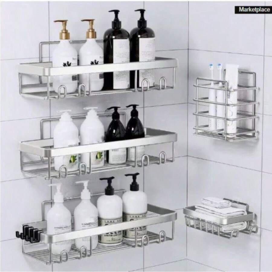 5-Piece Bathroom Shelf Set, Wall-Mounted Storage Rack, Vanity Organizer For Shower Gel, Shampoo, No Drilling Required, High Capacity Bathroom Storage Solution - Silver - View 1