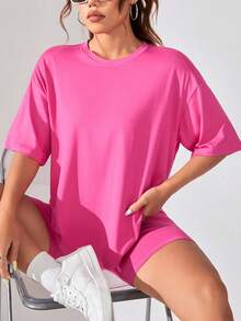 Set Kaos dan Celana Pendek Kasual untuk Rumah - Hot Pink - View 2
