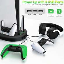 Play/Sta/Tion 5 遊戲主機冷卻底座附充電站，含底座與充電器，適用於 Play/Sta/Tion 5 光碟版與數位版，白色，可同時充電與冷卻 - 黑色 - 查看 2