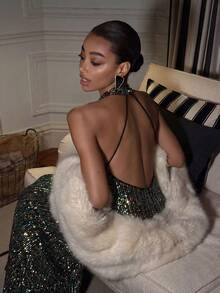Elegant Sequin Backless Romantic Sexy Women's Dresses Fall Wedding Party Black - Black - View 5