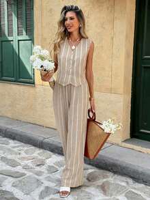 Frenchy Conjunto de 2 piezas de top sin mangas con botones a rayas y pantalones casuales para mujer - Marrón - Ver 5
