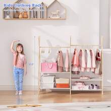 Kids Clothing Rack Dress Up Storage Closet For Girls Baby Garment Wardrobe Toddler Costume Closet With Double Hanging Rod Wood 2 Tier Bottom Storage Shelves (Double Tires) - Natural Wood - View 5