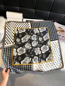 1 chiếc khăn vuông 27,5 inch họa tiết chấm bi và hoa thanh lịch, kiểu dáng thường ngày và đường phố, có thể dùng làm khăn bandana, băng đô, khăn quàng cổ hoặc phụ kiện chống nắng ngoài trời. - Đen và trắng - Xem 2