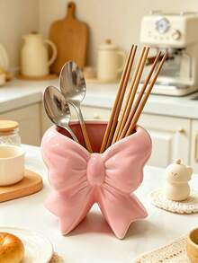 Pink Bow Resin Cutlery Storage Box, 3D Playful Bow Cooking Utensil Jar, Household Kitchen Countertop Storage Organizer - Multicolor - View 5