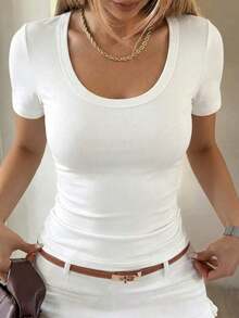 Camiseta casual de verano para mujer con cuello redondo y mangas cortas de color contrastante - Blanco 5 - Ver 1