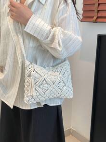 Vintage Woven Handbag, Bohemian Style Crossbody Bag, Woven Set Fabric Beach Bag, Tassel Decor Crochet Bag - White - View 5