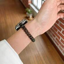 1pc Glossy Solid Color Coiled Phone Cord Style Watch Band Compatible With Apple Watch, For Women - Black - View 4