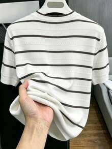 Men's Summer Round Neck Knit Striped Contrast Color Casual Pullover - White - View 2