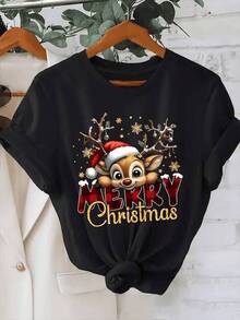 1 Camiseta de manga corta para mujer con estampado de copo de nieve y letras de "Feliz Navidad" con diseño de renos navideños, camisetas de Navidad, ropa festiva, diseño divertido, tela duradera, ropa de vacaciones, compradores navideños, camisetas para mujer, all, camiseta manga corta mujer, ropa femenina, remera, camisas para mujer, camisetas y blusas de mujer, casual Regalo perfecto para amigos, familiares y amantes de la moda - Negro - Ver 6