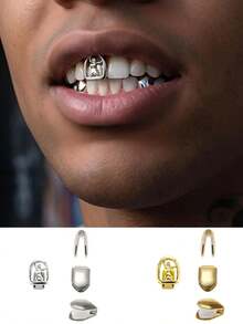 4pcs Diamond/Colored Gemstone Inlaid Teeth Decoration Silver 14K Gold Plated Iced Out Grillz Hip Hop Style Unisex Decorative Jewelry - Multicolor - View 2