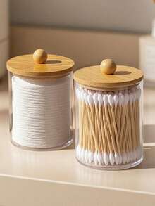 1/2/4 buah Stoples Penyimpanan Kosmetik Bening dengan Tutup Bambu, Organizer Kamar Mandi Plastik PS untuk Kapas, Cotton Bud, Spons Rias, Pisau Cukur, Aksesoris Rambut, Perhiasan & Barang Kecil, Berbagai Pilihan Paket - beraneka warna - View 5