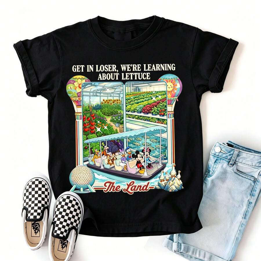 Disney Women's And Men's T-Shirts Funny "Learning About Lettuce" Living With The Land Themed Printed Oversized T-Shirts, 100% Cotton Retro Short-Sleeved Casual Shirts, And Graphic Printing T-Shirts For Epcot Casual Travel Outfits - màu đen - Xem 1