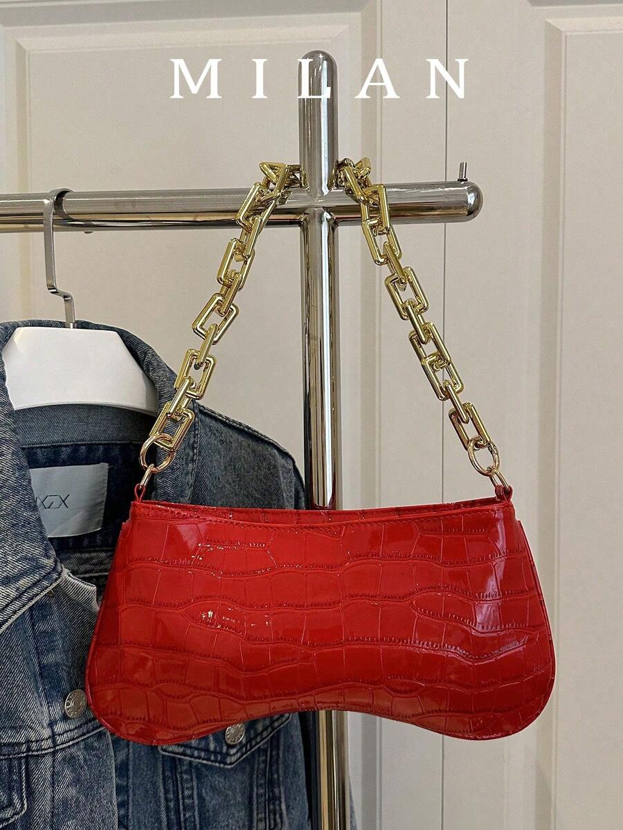 1pc Shiny Solid Gold Chain Decor Underarm Baguette Bag - Burgundy - View 1