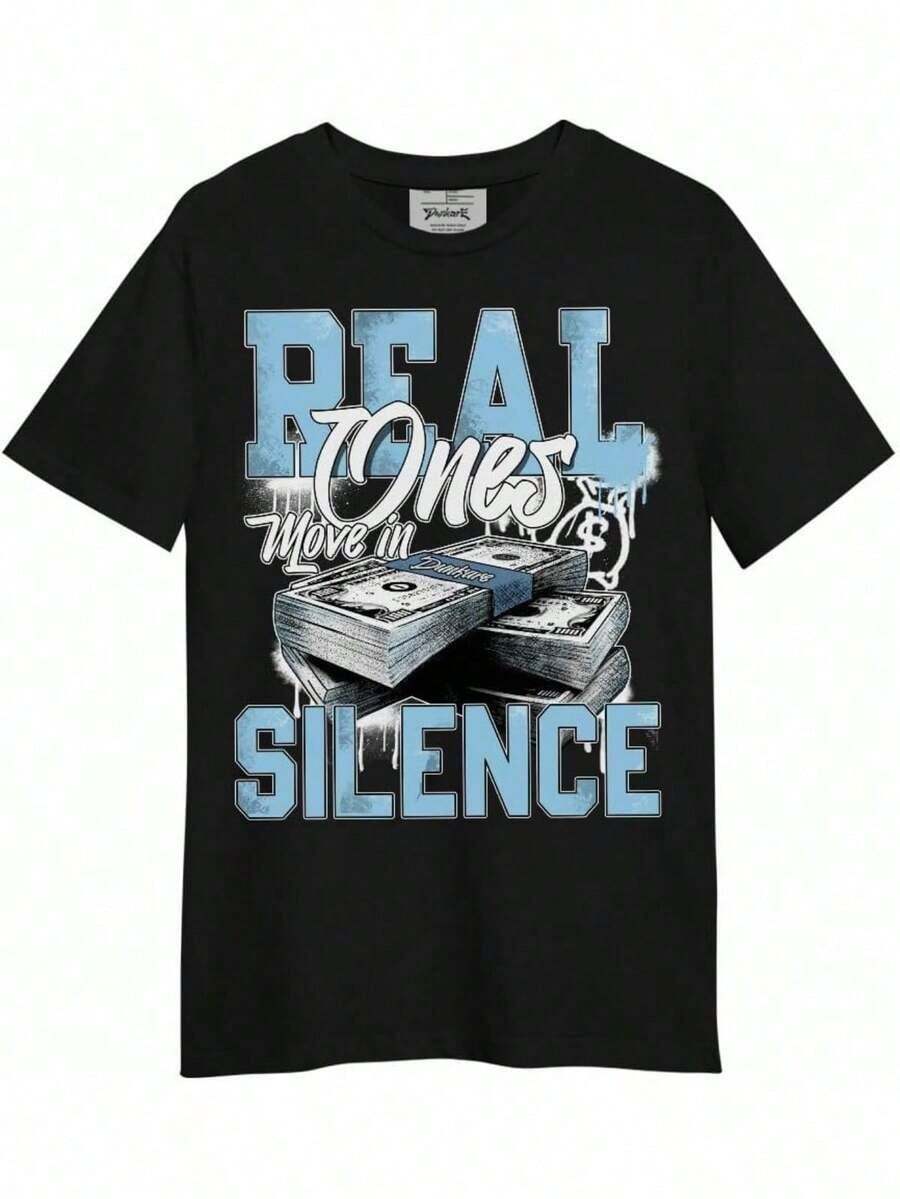 Dunkare T-Shirt To Match The Legend Blue 11s T-Shirt, 11 Low Legend Blue Graphic T-Shirt, Unisex Move In Silence Money T-Shirt, 100% Pure Cotton Short Sleeve T-Shirt, Suitable For Summer, Loose And Casual Round Neck, Men's T-Shirt With Letter Print. - 黑色 - 查看 1