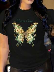 'Choose Peace' T-Shirt, Botanical Butterfly, Inspirational T-Shirt For Women, 100% Cotton, Bohemian Style - 黑色 - 查看 1