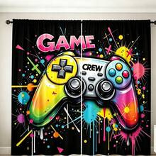 2 piezas Combinación de pantalla de ventana digital de alta definición, impresa con colores vibrantes y diseño de controlador de juego estilo graffiti, tela de poliéster lavable a máquina, perfecta para la decoración del hogar en la sala de estar y el dormitorio, mejora el efecto visual de las barras de cortina en el dormitorio y el estudio - Multicolor - Ver 14