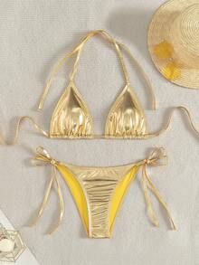 Tylish Sexy Tie Triangle Bikini, Unique Shiny Women Beach Swimwear. Standout For Beach, Ocean & Parties, Bestselling Bathing Suit Vacation - Gold - View 5