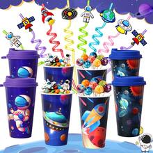 8 Cups 8 Straws Space Theme Party Cup & Straw Set, Reusable Space Party Supplies Decoration, Space Theme Party Cup, Fun Drinking Set, Perfect Gift Choice For Galaxy Theme Party - View 2