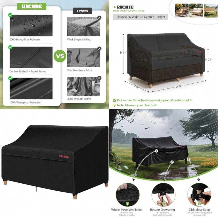 RICHIE - Funda de sofá de 3 plazas resistente al agua para exteriores con ventilación de aire resistente a los rayos UV para muebles de patio de 90 pulgadas de ancho x 34 pulgadas de profundidad - 1 paquetenegro - Ver 1