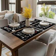 4 piezas Manteles individuales con patrón de cocina negra, diseñados con gráficos de utensilios de cocina, adecuados para la decoración del comedor, uso doméstico, restaurante, camping y fiestas, para todas las estaciones - Multicolor - Ver 3