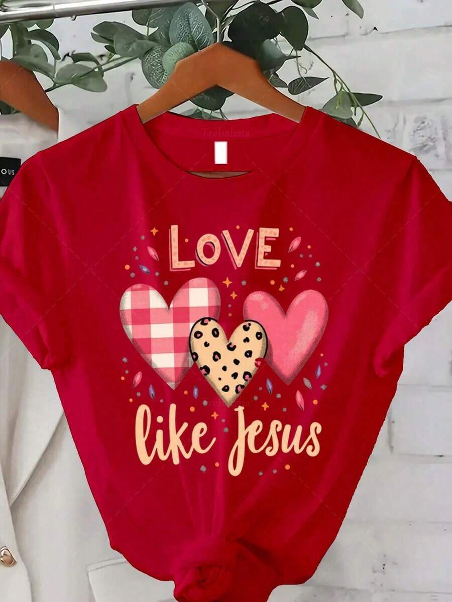 Women's 1 Piece Graphic Print T-Shirt, 100% Cotton, Comfortable, Breathable, Cool, Casual Style, Plus Size - Women's Plus Size T-Shirt With Christian Faith Print - Colorful Hearts And Crosses Print, Inspirational Bible Verse, Round Neck, Short Sleeve, Ideal For Valentine's Day, Easter, Christmas Gifts - Short Sleeve Round Neck T-Shirt For Daily Summer Wear, Suitable For Spring, Summer And Autumn. - 紅色 - 查看 1