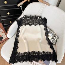 Camiseta de mujer casual y elegante, suelta y de seda con encaje, adecuada para Año Nuevo/Día de San Valentín, color negro, verano - Negro - Ver 10