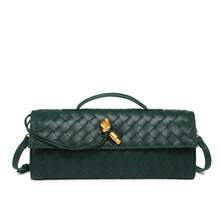 Bolso de cuero genuino tejido a mano para mujer BV Bottega Bang Bang de Andiamo Clutch Campana. Popular bolso tejido a mano con cierre de cuero suave, bolso de noche, bolso baguette vintage, bolso de mano cruzado con cierre largo. - verde oscuro - Ver 2