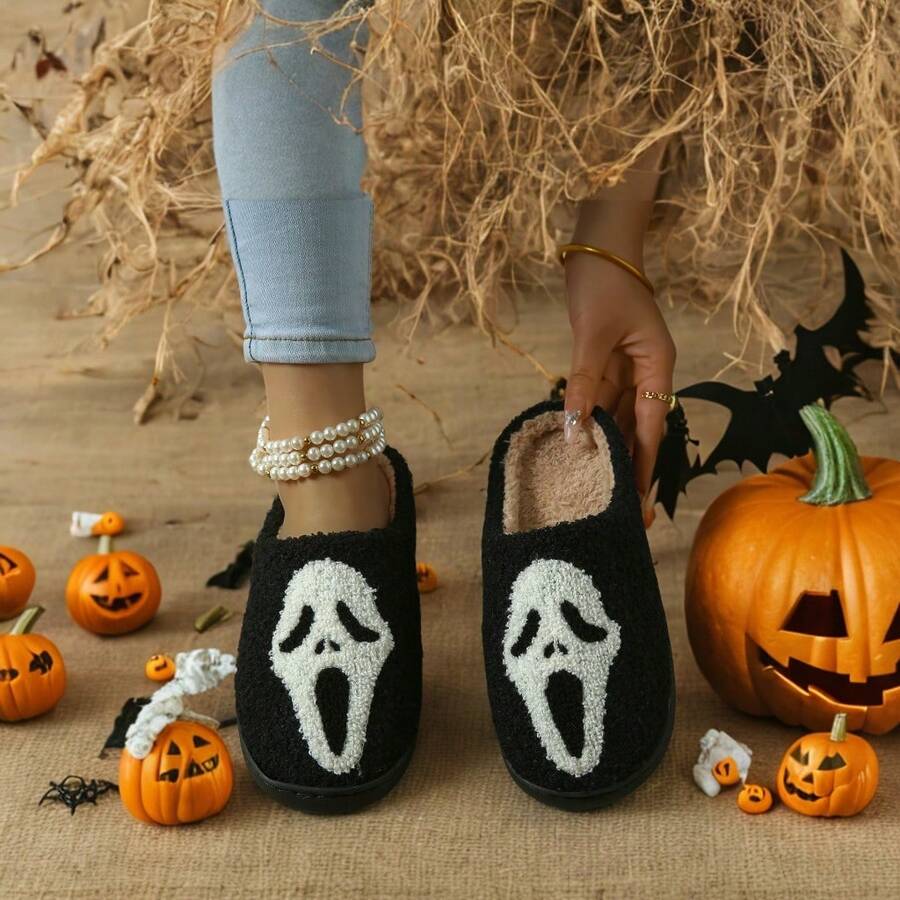 Novos chinelos femininos de Halloween, aconchegantes e divertidos, simples e elegantes, confortáveis e quentinhos para usar em casa no outono/inverno. - Preto e Branco - Ver 1