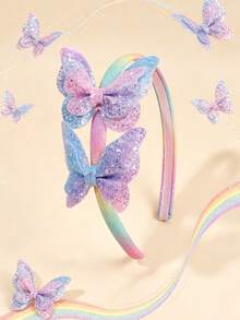 1 Stück Regenbogen-Farbverlauf Haarband mit 2 Glitzer-Farbverlauf Schmetterlings-Dekorationen, modisches Haaraccessoire für Mädchen, geeignet für Party und tägliches Tragen - Verschiedenfarbig - Übersicht 1
