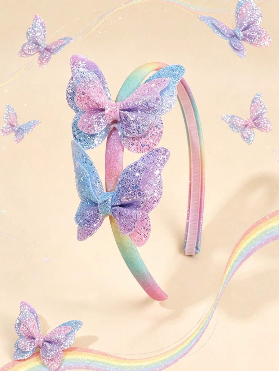 1 Stück Regenbogen-Farbverlauf Haarband mit 2 Glitzer-Farbverlauf Schmetterlings-Dekorationen, modisches Haaraccessoire für Mädchen, geeignet für Party und tägliches Tragen - Verschiedenfarbig - Übersicht 1