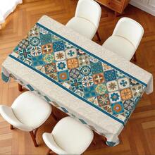 1pc Rectangular Polyester Tablecloth, Blue & Orange Tile Pattern Design, Single-Sided Printing, Suitable For Tabletop, Washable And Reusable, Applicable For Indoor, Outdoor, Patio, Wedding, Party, Dining, Craft Exhibition, Banquet Decoration - Multicolor - View 7