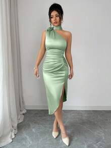 abyoxi Gaun Midi Wanita Satin Hijau Elegan dengan Hiasan Ruffle Bunga 3D di Bagian Bawah dan Belahan, Cocok untuk Liburan Pantai, Pesta, Wisuda, Pernikahan, Kencan, dan Acara Musim Semi/Panas - Hijau muda - View 4
