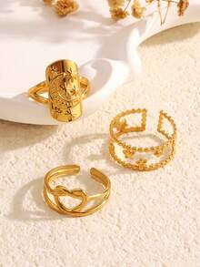3pcs Stainless Steel Minimalist Star & Moon Open Ring Set, Suitable For Women's Daily, Party, Gathering Wear - Yellow Gold - View 4