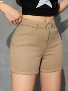 PETITE Pantalones cortos vaqueros sueltos y lavados de uso casual versátil - Caqui - Ver 4