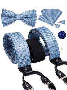 Ensemble de 5 pièces d'accessoires de gentleman pour mariage formel, fête et affaires : Bretelles en forme de Y à 6 clips de couleur bleu clair, nœud papillon, pochette de costume, boutons de manchette et boutonnière à motif floral géométrique abstrait - Bleu ciel - Voir 1
