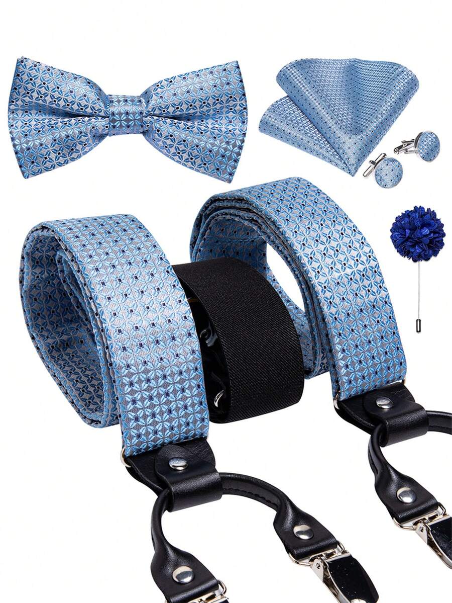 Ensemble de 5 pièces d'accessoires de gentleman pour mariage formel, fête et affaires : Bretelles en forme de Y à 6 clips de couleur bleu clair, nœud papillon, pochette de costume, boutons de manchette et boutonnière à motif floral géométrique abstrait - Bleu ciel - Voir 1