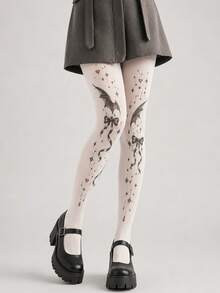 1pc Women's White Velvet Bat Wing Bow Print Tights, Gothic Style Cute Star & Heart Pattern Elastic Pantyhose, Cute Dark Style Stockings, Suitable For Spring/Summer Party & Daily Wear - White - View 5