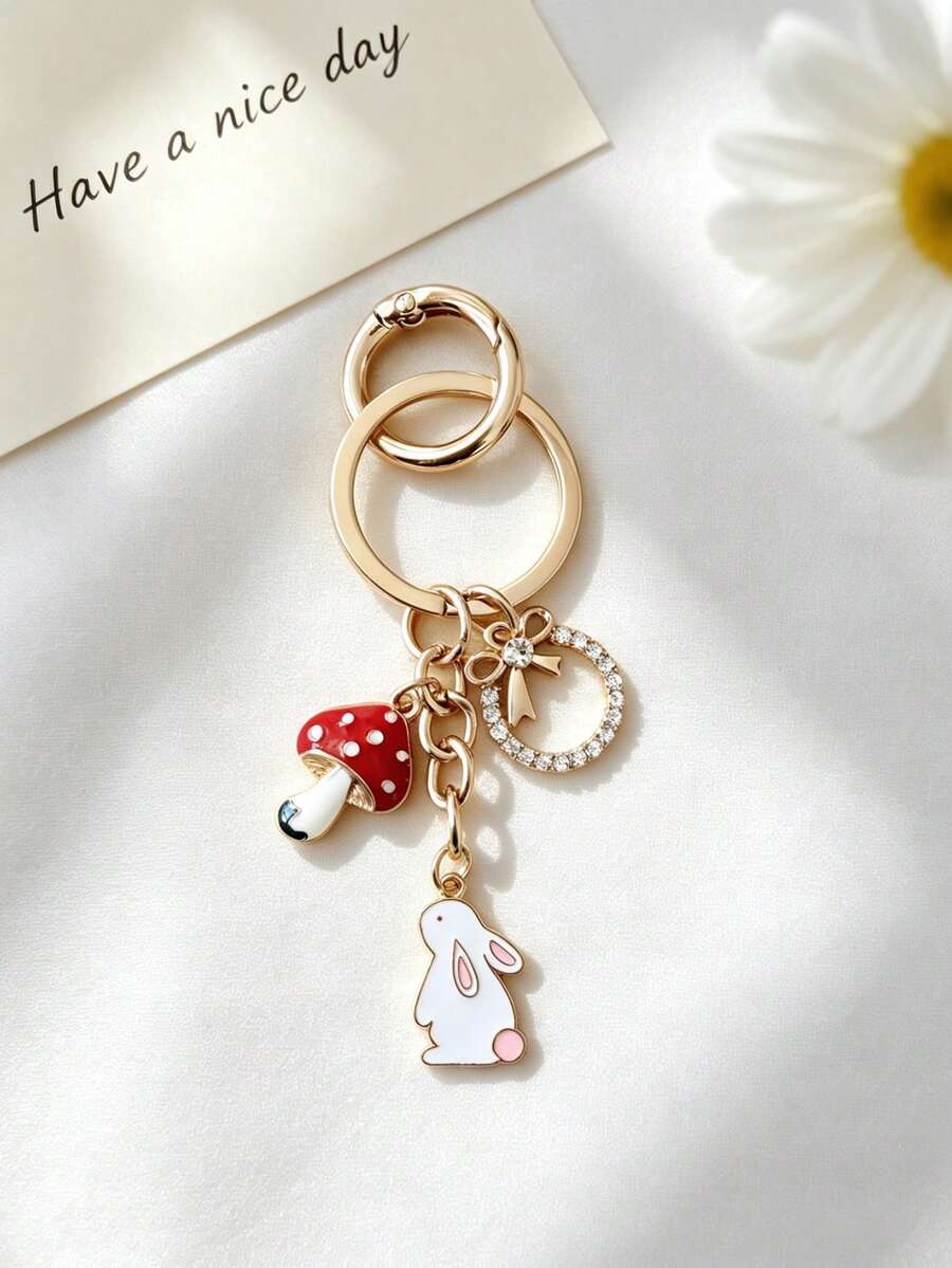 1pc Cute Rabbit & Mushroom Alloy Keychain, Suitable For Women Bag Pendant, Car Key Chain, Couples Birthday & Holiday Gift - Multicolor - View 1