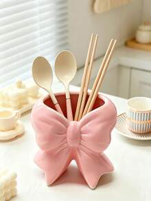 Pink Bow Resin Cutlery Storage Box, 3D Playful Bow Cooking Utensil Jar, Household Kitchen Countertop Storage Organizer - Multicolor - View 6